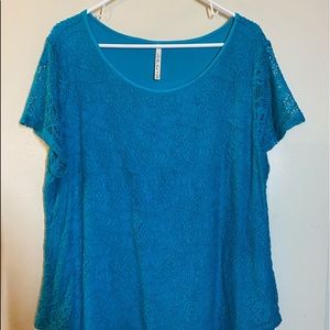 Rose Lace lined Blouse T-Shirt style Turquoise